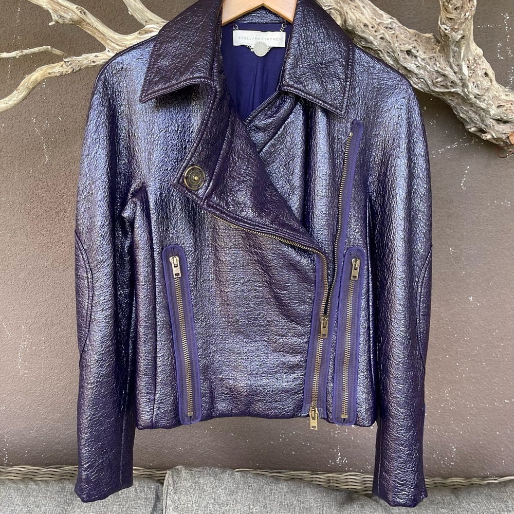 Stella McCartney - Deep Purple Textured Moto Faux Leather Jacket Sz 6 (Eu 38)